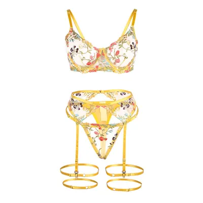 Ensemble lingerie floral jaune soutien-gorge string porte-jarretelles L/XL - Subblime