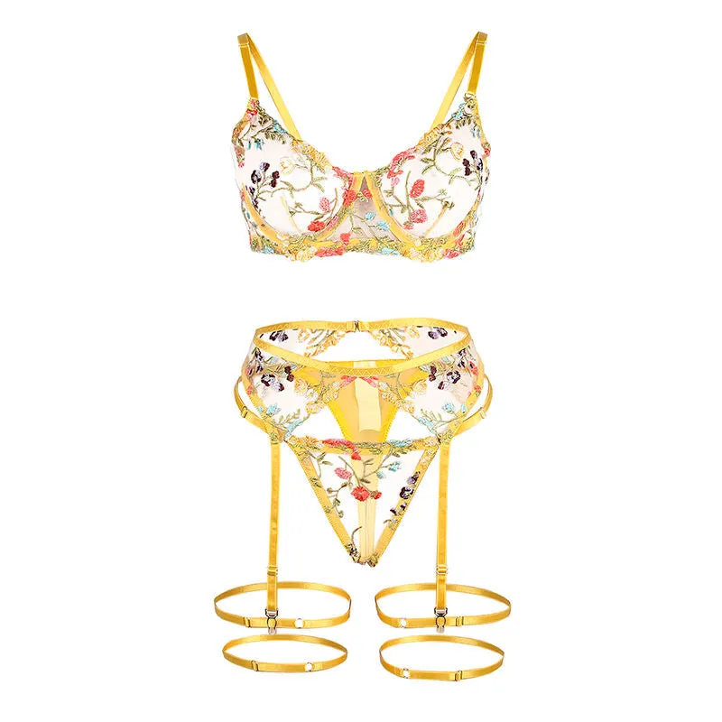 Ensemble lingerie floral jaune soutien-gorge string porte-jarretelles L/XL - Subblime
