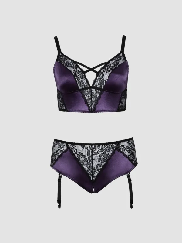 Ensemble 2 Pièces Ouvert Dentelle Florale Noir & Violet GT