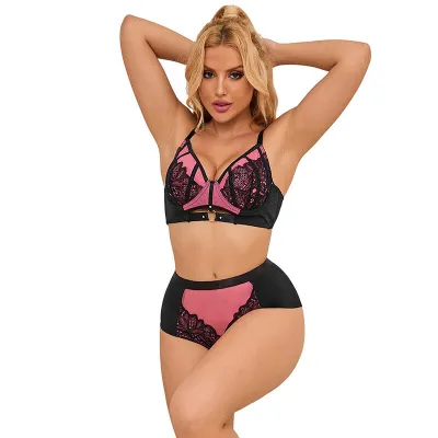 Ensemble lingerie dentelle et résille push-up rose S/M - Subblime