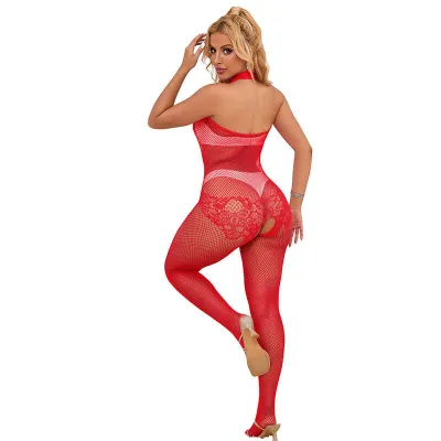 Bodystocking Résille Dentelle Col Montant Rouge - Subblime