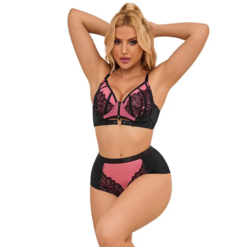 Ensemble lingerie dentelle et résille push-up rose L/XL - Subblime