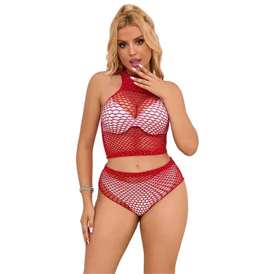 Ensemble Lingerie Résille Strass Rouge Taille Unique - Subblime