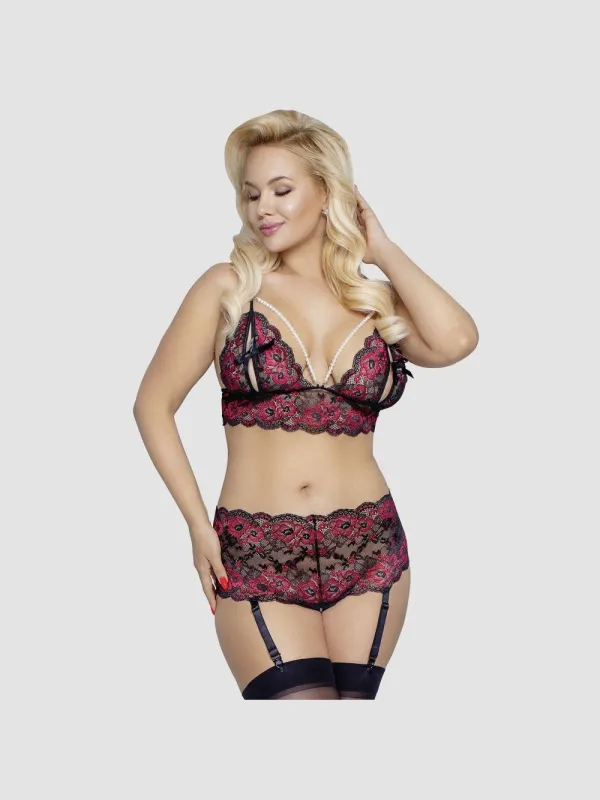 Ensemble 2 Pièces Ouvert Dentelle et Perles Rouge & Noir GT