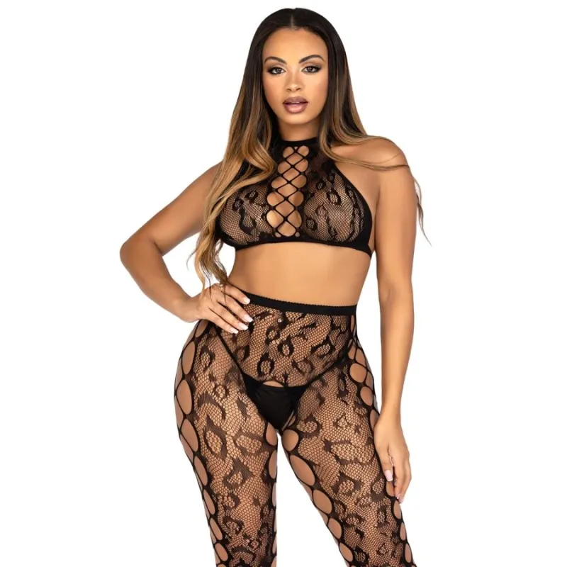 Ensemble Sexy Crop Top et Collants Ouverts Noirs - Leg Avenue