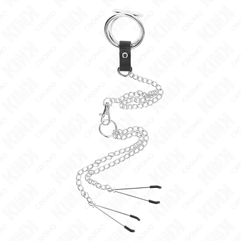 Anneau Pénien Métal Triple Chrome avec Pinces Tétons - Kink