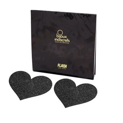 Cache-tétons autocollants Flash cœur noir à paillettes - Bijoux Indiscrets