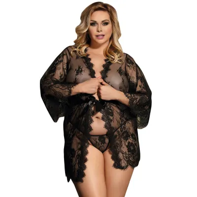 Peignoir dentelle manches évasées Queen Plus noir - Subblime
