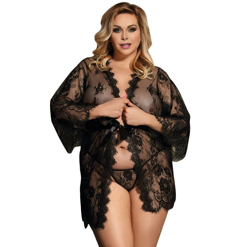 Peignoir dentelle manches évasées Queen Plus noir - Subblime