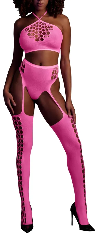 Ensemble Bustier et Porte-Jarretelles 2 Pièces Rose Fluo