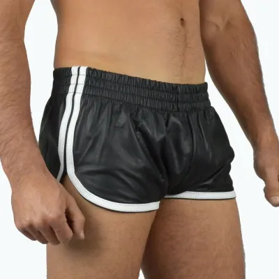 MenSexyWear Short Imitation Cuir SPORTS LINE Noir-Blanc