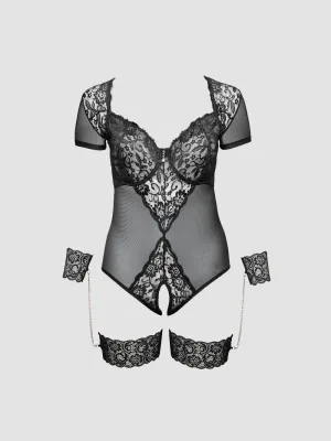 Body Ouvert, Jarretières & Menottes Dentelle Noir