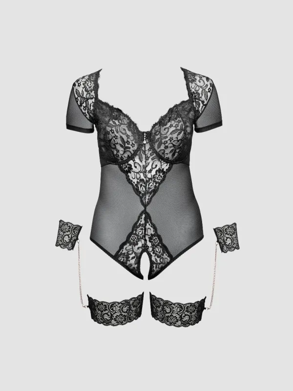 Body Ouvert, Jarretières & Menottes Dentelle Noir