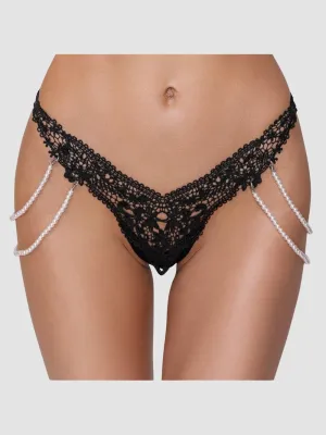 String Dentelle Florale & Perles Noir