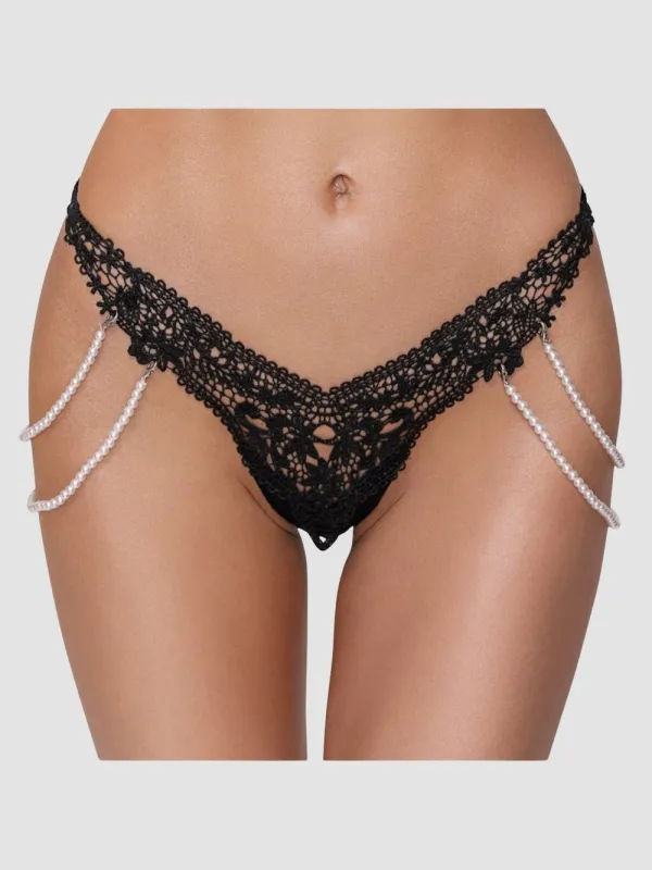String Dentelle Florale & Perles Noir
