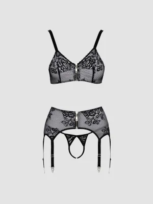 Ensemble 3 pièces ouvert zip & dentelle noir