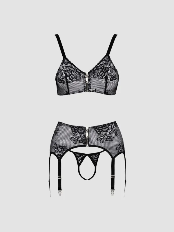 Ensemble 3 pièces ouvert zip & dentelle noir