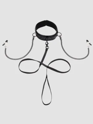 Collier avec laisse et pinces à tétons Black Rose