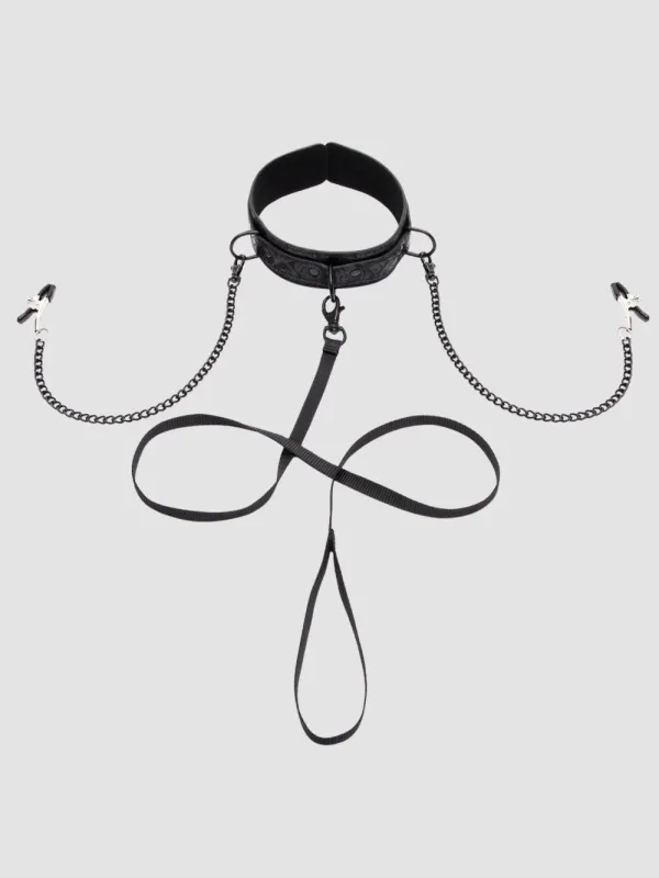 Collier avec laisse et pinces à tétons Black Rose