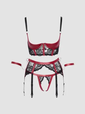Ensemble 3 Pièces Effet Cuir & Dentelle