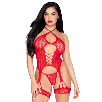 Leg Avenue – Heart Net Cami Jarretière & String – Rouge