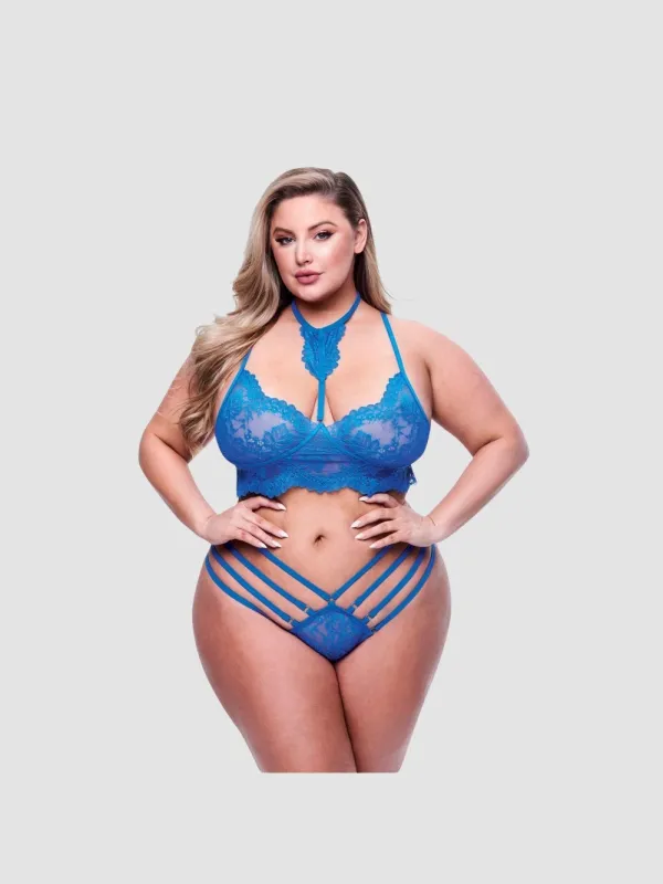 Ensemble 2 pièces dentelle feuillage bleu GT