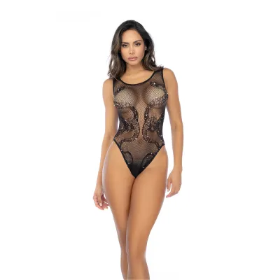 Mapalé Body Noir Motif Serpent &amp; Strass Grande Taille