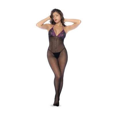 Mapalé Ensemble Bodystocking Résille Avec Dentelle Noir Et Violet