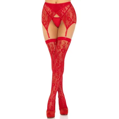 Leg Avenue - Bas Dentelle Porte Jarretelles - Rouge