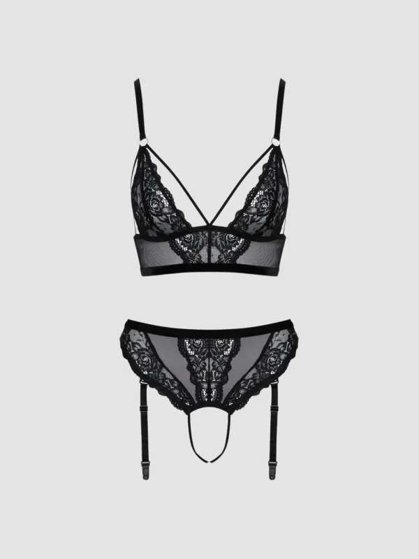 Ensemble 2 pièces ouvert imprimé floral noir