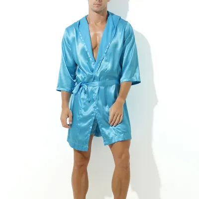 Peignoir effet satiné LONG SLIT Bleu Turquoise