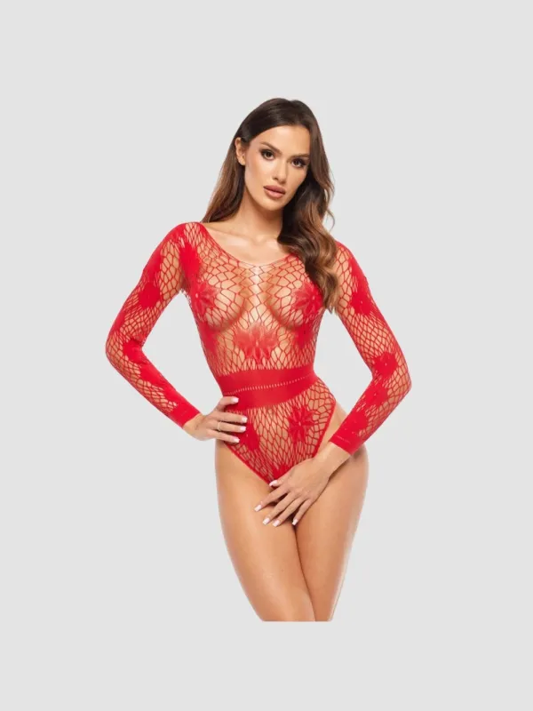 Body ouvert résille manches longues Regina rouge
