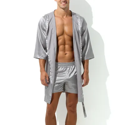 MenSexyWear Peignoir effet satiné LONG SLIT Gris