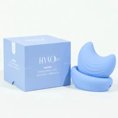 Moon stimulateur 2-en-1 de Hyyo - Stimulateur seul : 8,4 x 7,5 x 4 cm - Base incluse 10 x 9 x 5,5 cm Bleu
