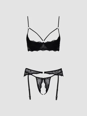 Ensemble 3 pièces ouvert dentelle & anneaux scintillants noir