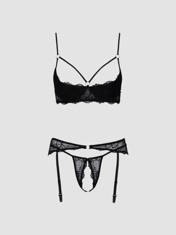 Ensemble 3 pièces ouvert dentelle & anneaux scintillants noir