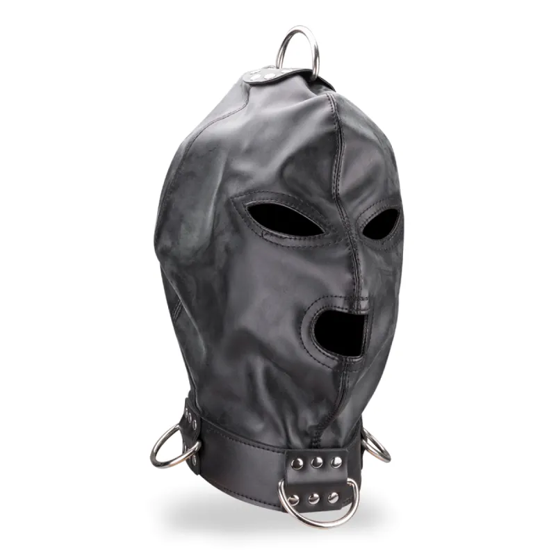 Cagoule BDSM en similicuir trois ouvertures et anneaux
