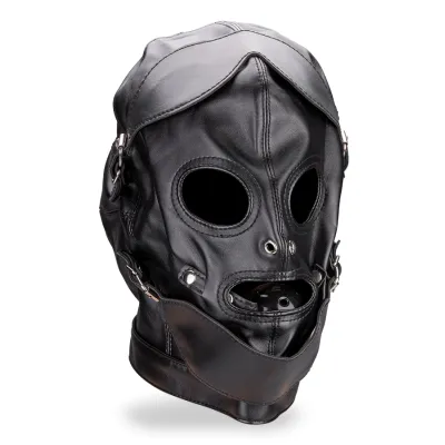 Cagoule BDSM avec gag-ball, cache bouche et cache yeux