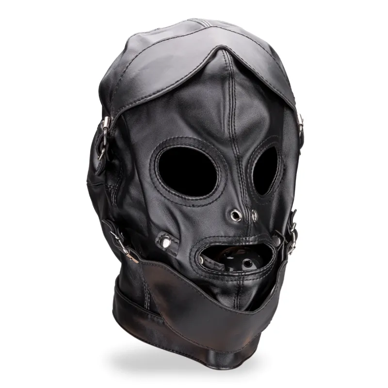 Cagoule BDSM avec gag-ball, cache bouche et cache yeux