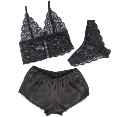 Chemisier de nuit en soie et dentelle avec culotte noir S/M - Subblime