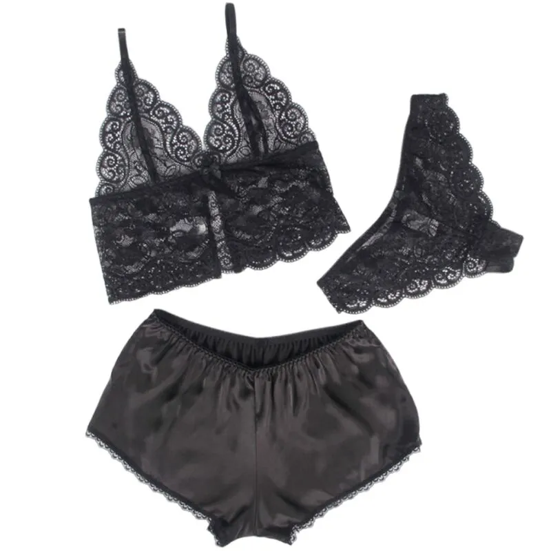 Chemisier de nuit en soie et dentelle avec culotte noir S/M - Subblime