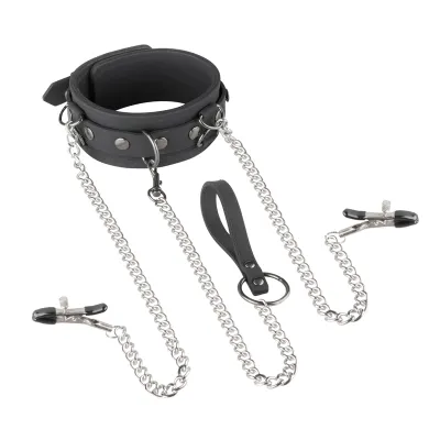 EasyToys - Collier, laisse et pinces à tétons en silicone - Noir