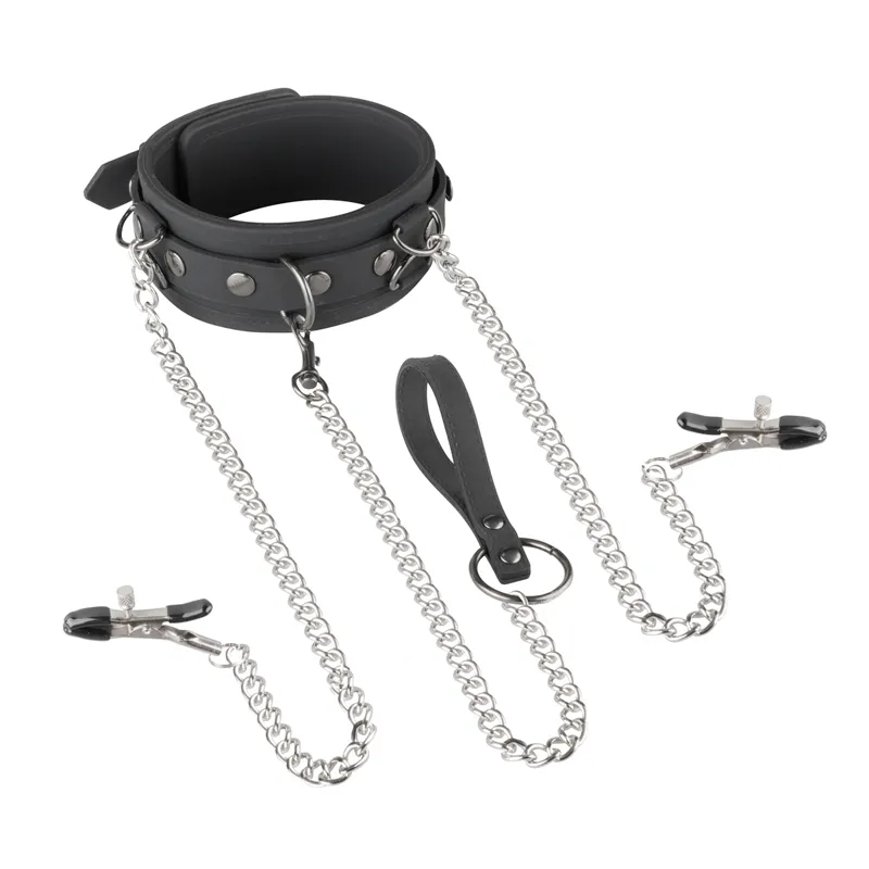 EasyToys - Collier, laisse et pinces à tétons en silicone - Noir