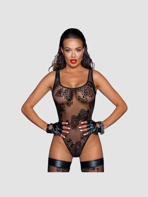 Body string transparent motif floral noir