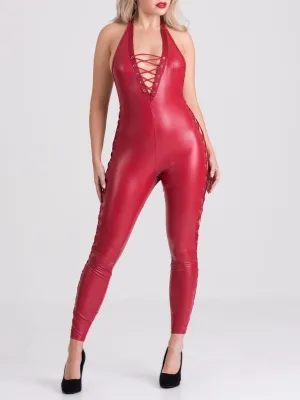 Combinaison catsuit similicuir à lacets Fierce rouge S