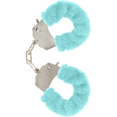 Menottes en fourrure bleues avec chaîne chromée - Toyjoy