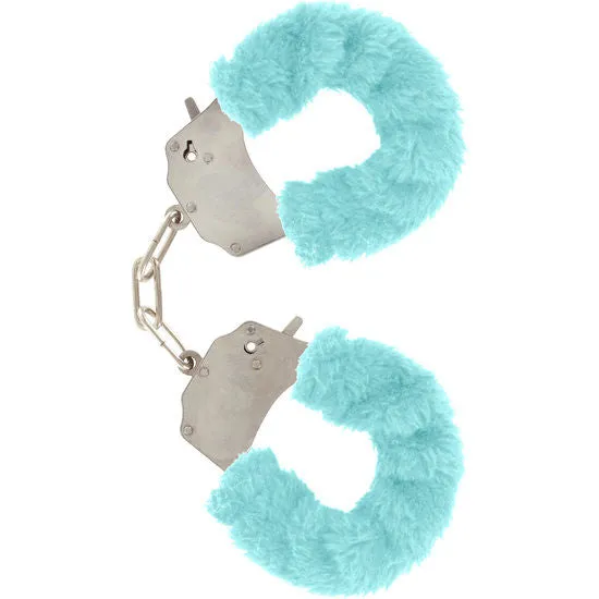 Menottes en fourrure bleues avec chaîne chromée - Toyjoy