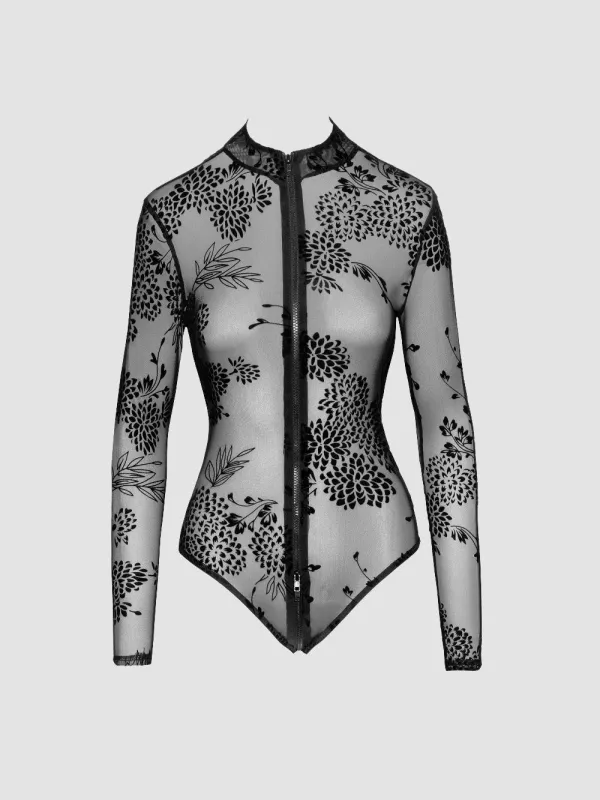 Body Transparent Motif Floral Noir