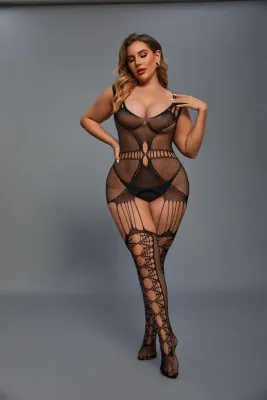 Christine -Catsuit avec design porte-jarretelles noir - Curvy
