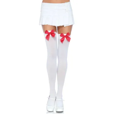 Bas Autofixants Nylon Cuisses Hautes Noeud Blanc/Rouge - Leg Avenue